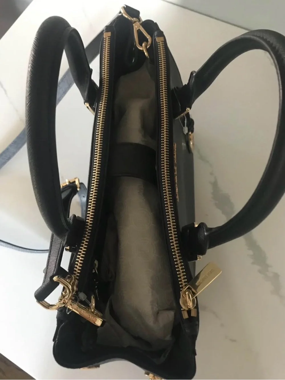 MICHAEL KORS Black Saffiano Leather Satchel with Gold Hardware